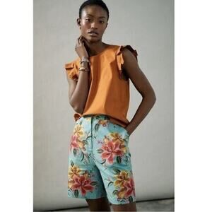 NWT Anthropologie Farm Rio Melanie Bermuda Linen Shorts Sz S Blue Tropical Boho